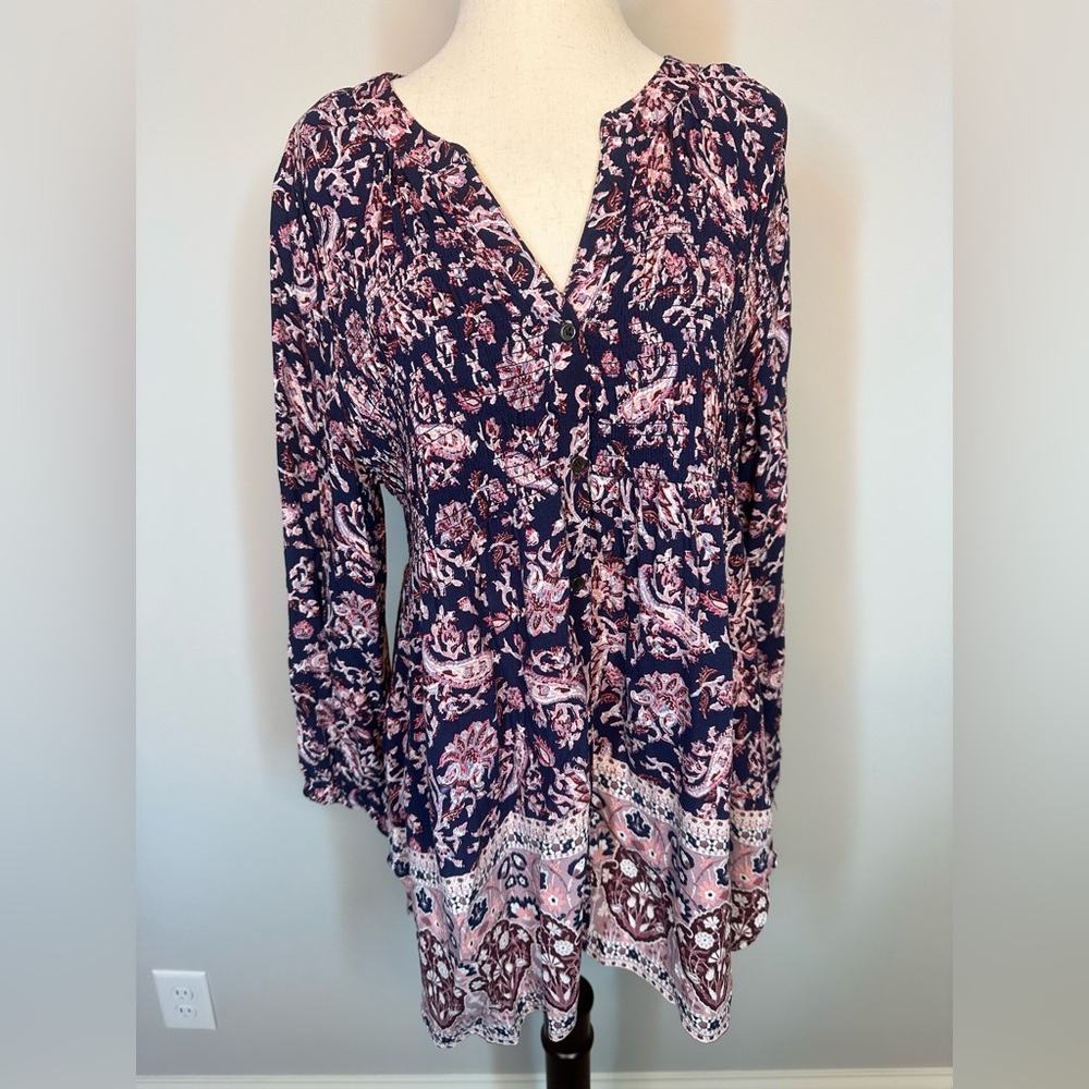 Sz M Knox Rose floral blouse button down navy pink paisley smocked